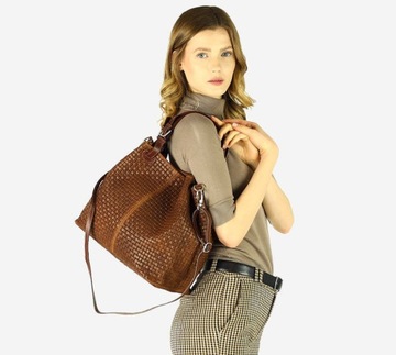 Skórzana torebka damska na ramię pleciona brązowa - MARCO MAZZINI s147d