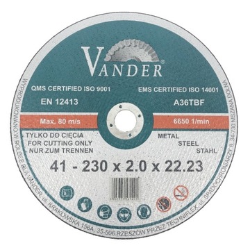 TARCZA TNĄCA DO SZLIFIERKI KĄTOWEJ 230MM VANDER