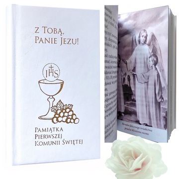 KSIĄŻECZKA MODLITEWNIK KOMUNIA + RÓŻANIEC PEREŁKA + PUDEŁECZKO + ŚWIECA MK