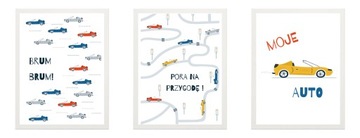 3szt plakaty 30x40cm WYŚCIGÓWKI pojazdy AUTA ramki