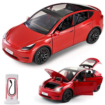 METALOWY MODEL TESLA Y NAPĘD ŚWIATŁA LED DŹWIĘK OTWIERANE DRZWI MASKA 1:24