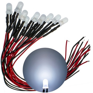 DIODY LED 12V 5mm BIAŁE ZIMNE MAT - przewody długość 20cm | komplet 10 SZT