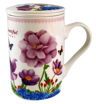 KUBEK Z ZAPARZACZEM CERAMICZNYM I POKRYWKĄ ZAPARZACZ W KWIATY 320ML PREZENT