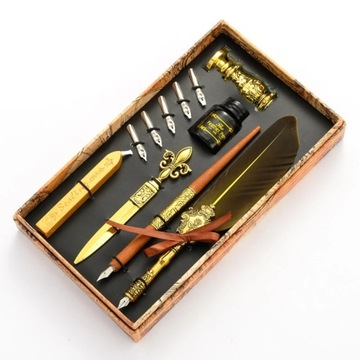 Vintage Quill Feather Dip Pen Fountain Writing Ink 5 Nibs Seal Wax Gift