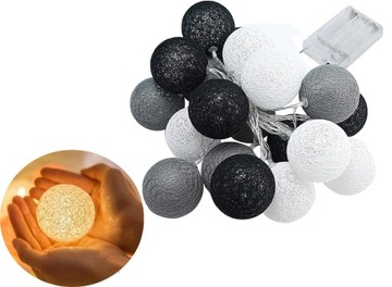 COTTON BALLS 20 LED 4cm - Światełka Lampki Kulki na Baterie Szare 3 metry