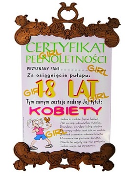 CERTYFIKAT 18 DLA KOBIETY SK dyplom na 18 urodziny