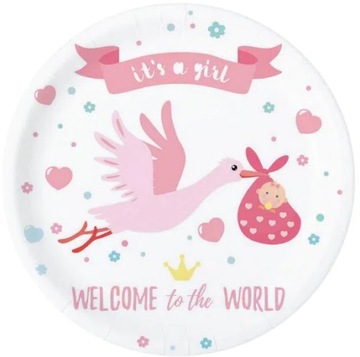 Papierowy talerz 18 cm Baby Shower Bocian 6 szt.