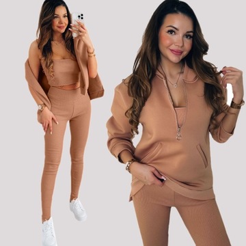 Dresy damskie komplety 3 częściowe bluza top legginsy zamek beżowy L/XL