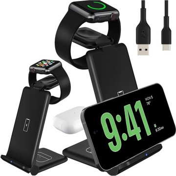 Ładowarka Bezprzewodowa Indukcyjna 3w1 Qi 15W do iPhone, Apple Watch, AirPo