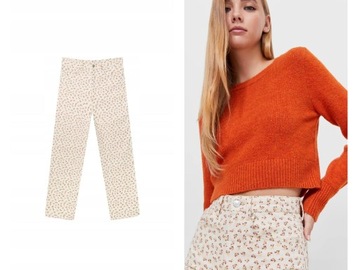 A002B02 Stradivarius SPODNIE BEŻ JEANS KWIATY 36