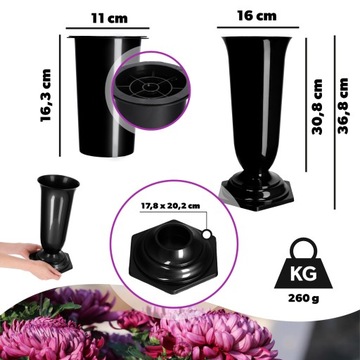 WAZON FLAKON NA CMENTARZ 37cm KWIATY SZTUCZNE NAGROBNY + WKŁAD GRAFIT