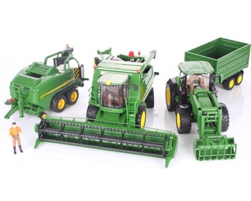 Zestaw Bruder kombajn JD 02132+ciągnik 03150+prasa 02032+figurka 60007