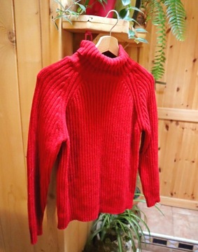Sweter/golf czerwony, włóczkowy, ciepły - z WEŁNĄ