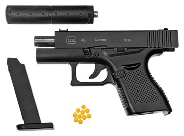 ПИСТОЛЕТ С МЕТАЛЛИЧЕСКОЙ ПРУЖИНОЙ С ГЛУШИТЕЛЕМ GLOCK 43 ГЛУШИТЕЛЬ 6 ММ ASG