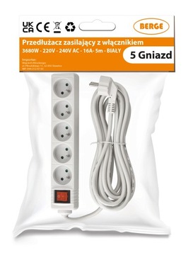 Przedłużacz Listwa Zasilająca 5 Gniazd 5m z Wyłącznikiem Biały 16A 3680W