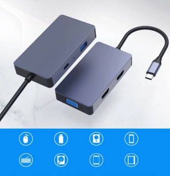 АДАПТЕР-ХАБ Адаптер-разветвитель 5 В 1 USB-C 3.1 2x HDMI 4K VGA USB 3.0