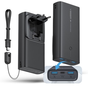 VEGER ACE100 Powerbank 10000mAh USB Quick Charge USB-C PD 20W wtyczka kabel