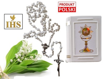 RÓŻANIEC KOMUNIJNY pudełko do komunii - Biały kulka w książeczce