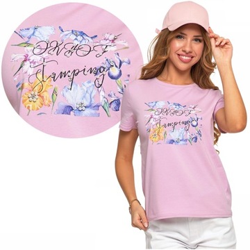 Koszulka Damska w Kwiaty T-Shirt Bawełniana Bluzka Glamour Różowa MORAJ S