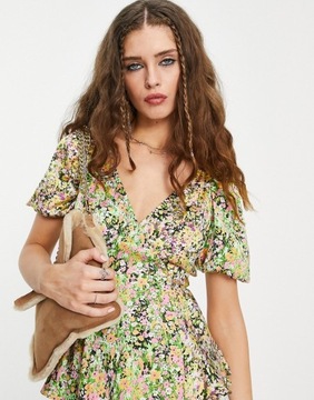 Topshop Kolorowa bluzka w kwiaty kopertowa L