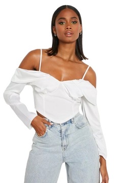 BOOHOO BIAŁA SATYNOWA ELEGANCKA BLUZKA GORSETOWA Z DŁUGIM RĘKAWEM XL 42