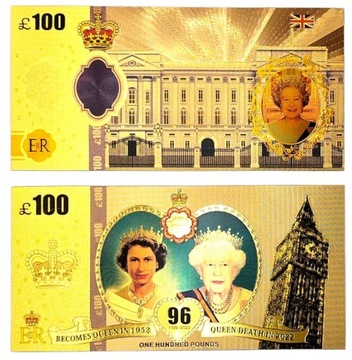 KRÓLOWA ELŻBIETA II Pozłacany Banknot 100 Funtów