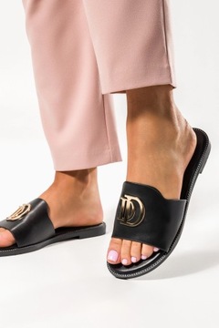 ТАПОЧКИ ЖЕНСКИЕ ЧЕРНЫЕ С ШИРОКИМ РЕМНЕМ И ЗОЛОТЫМ ОТДЕЛЕНИЕМ, ПЛОСКИЕ, размер 38