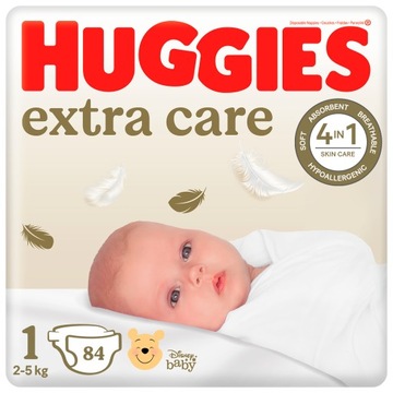 Pieluchy HUGGIES Extra Care Newborn rozmiar 1 (2-5kg) Hipoalergiczne 84 szt