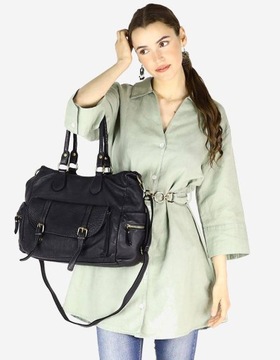 Skórzana torba damska na ramię z kieszeniami czarna - MARCO MAZZINI v193d