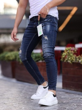 SPODNIE JEANSOWE MĘSKIE WYTARCIA MODNE i8 Denim Skinny Ciemne Niebieskie 30