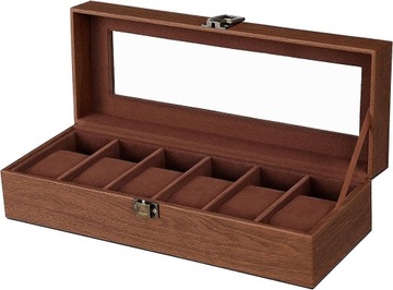 PUDEŁKO NA ZEGARKI ELEGANCKIA SZKATUŁKA NA BIŻUTERIĘ BRĄZOWA ETUI x6