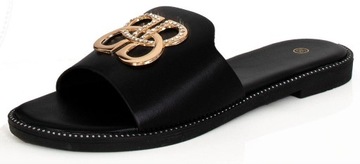 8172 ЧЕРНЫЕ КОЖАНЫЕ ЖЕНСКИЕ ТАПОЧКИ ДЕКОР 39