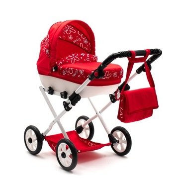 New Baby Wózek głęboki dla lalek COMFORT czerwony kwiatek biały