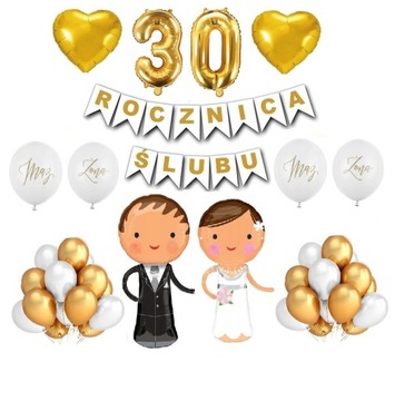 30 Rocznica Ślubu Balony Dekoracje Zestaw Złoty