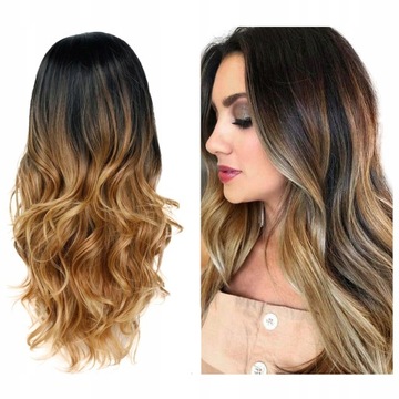 PERUKA fale ciemny BRĄZ BLOND ombre czepek GRATIS