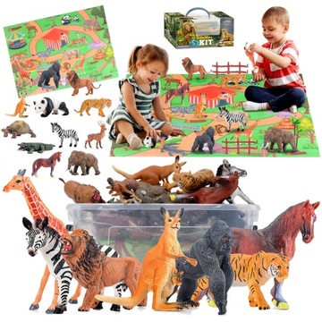 DUŻE FIGURKI ZWIERZĘTA ZOO Safari ZWIERZĄTKA Zestaw 12 el. KUFEREK + MATA