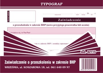DRUK 02115 ZAŚWIADCZENIE O PRZESZKOLENIU BHP TYP