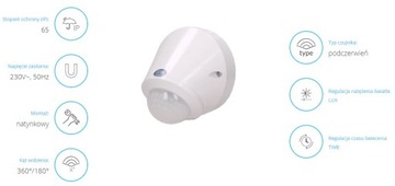 CZUJNIK RUCHU ORNO OR-CR-256 360/180 STOPNI IP65 800W BIAŁY