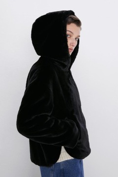 ZARA КРАСИВАЯ ЧЕРНАЯ ШУБА С КАПЮШОНОМ __ 34/XS