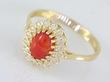 złoty klasyczny pierścionek 585, natural koral R-17 Rokarte