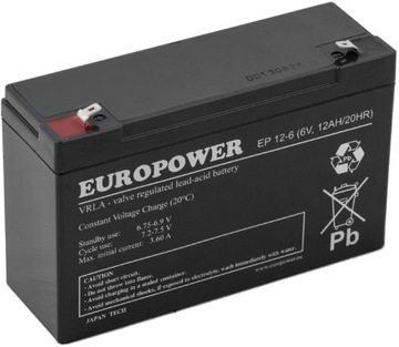 AKUMULATOR BATERIA AGM VRLA EUROPOWER EP 6 V 12 Ah EP12-6 ZASILACZ AWARYJNY