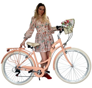 PIĘKNY ALUMINIOWY LEKKI ROWER DAMSKI 28 SHIMANO 7biegów miejski retro PEACH