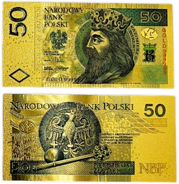 Красивая коллекционная позолоченная банкнота из ПВХ номиналом 50 злотых KAZIMIERZ III THE GREAT