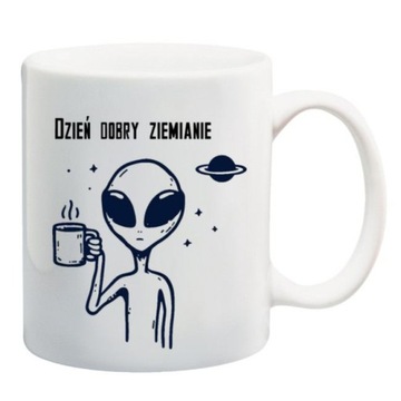 Kubek witajcie ziemianie kosmita i kawka kawa barista kosmos UFO