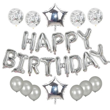 Zestaw srebrnych balonów Happy Birthday konfetti