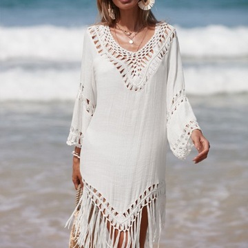 PAREO PLAŻOWE LETNIA SUKIENKA PLAŻOWA TUNIKA BOHO ZWIEWNA NARZUTKA FRĘDZLE