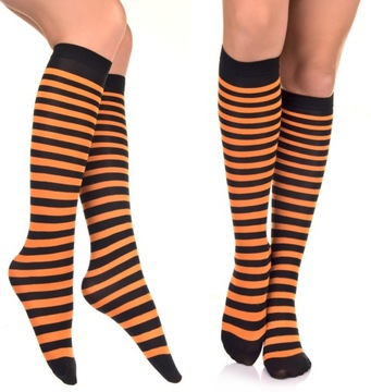 PODKOLANÓWKI W PASKI damskie CZARNO - POMARAŃCZOWE HALLOWEEN Pszczółka