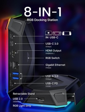 JSAUX HUB 8in1 USB-C HDMI 2.0 4K 60 Гц Ethernet RJ45 Gigabit PD RGB