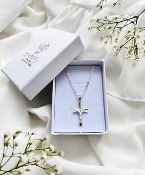 SREBRNY ŁAŃCUSZEK + KRZYŻYK KOMUNIJNY PANCERKA 40cm SREBRO 925