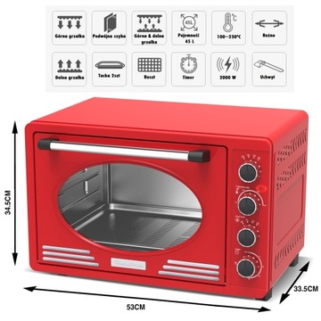RETRO PIEKARNIK 2000 W TERMOOBIEG+ROŻNO 45L